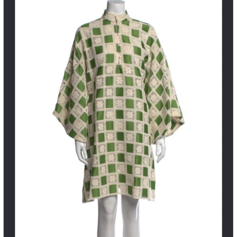 La Vie Style House Green Cream Checkerboard Crochet Mini Kaftan Dress One Size